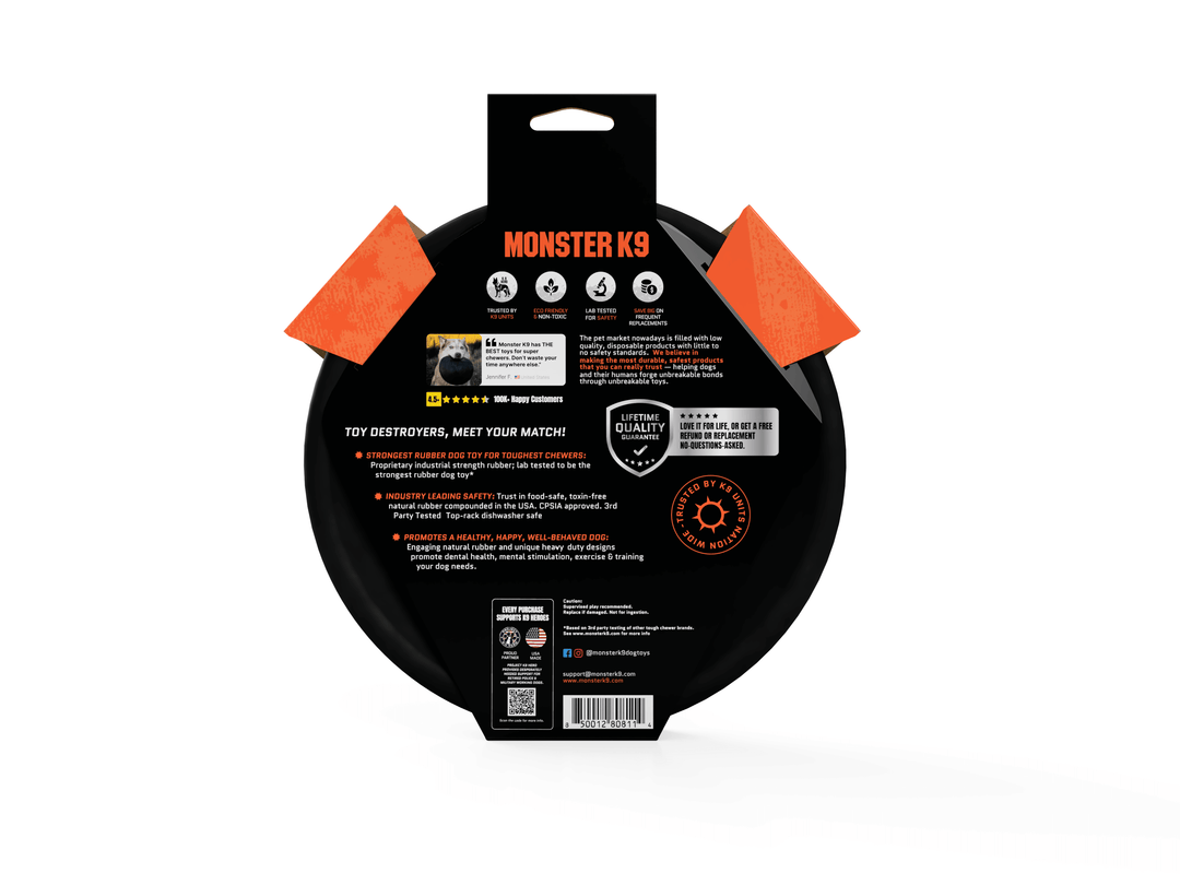 Black packaging of Monster K9 product with orange accents on a white background