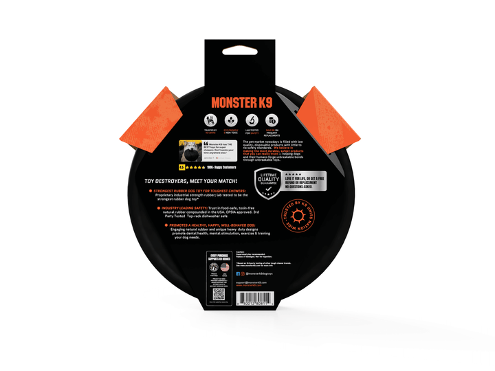 Black packaging of Monster K9 product with orange accents on a white background