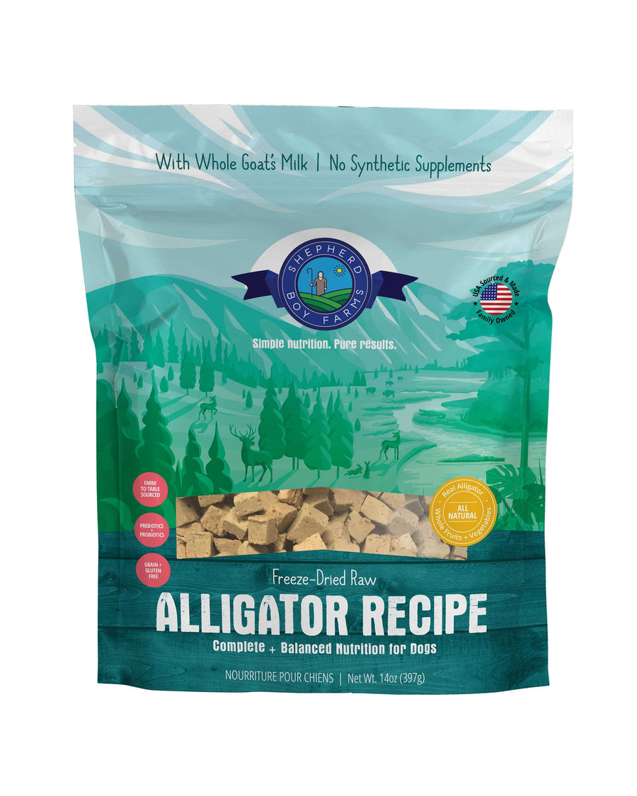 Bag of Shepherd's Best Alligator Recipe dog food with scenic design on the packaging.