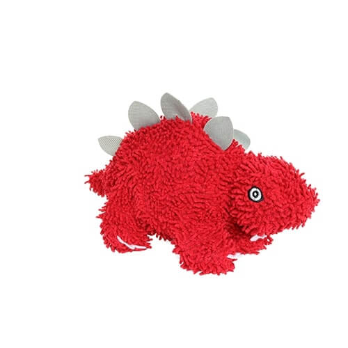 A rear-side view of the red dinosaur plush dog toy, featuring its plush grey back plates and soft, fluffy body.