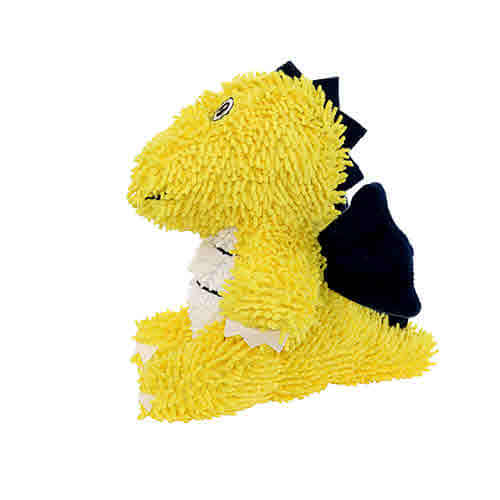 Side view of a yellow plush dragon-shaped dog toy with a textured body, white belly, black wings and spine, designed for interactive play. Machine washable and floats.