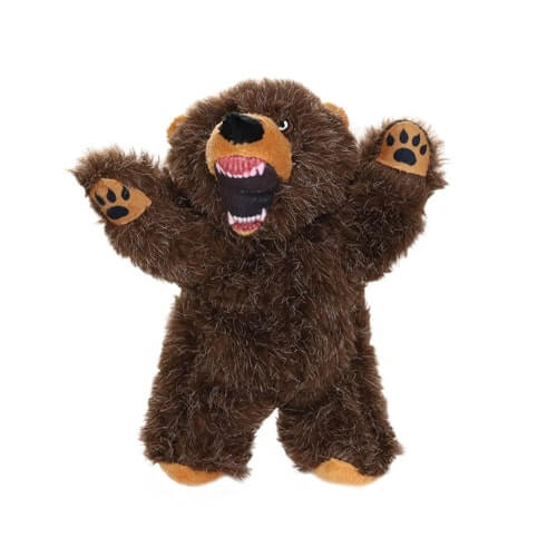 Plush small bear-shaped dog toy with brown fur, an open mouth showing teeth, and raised paws