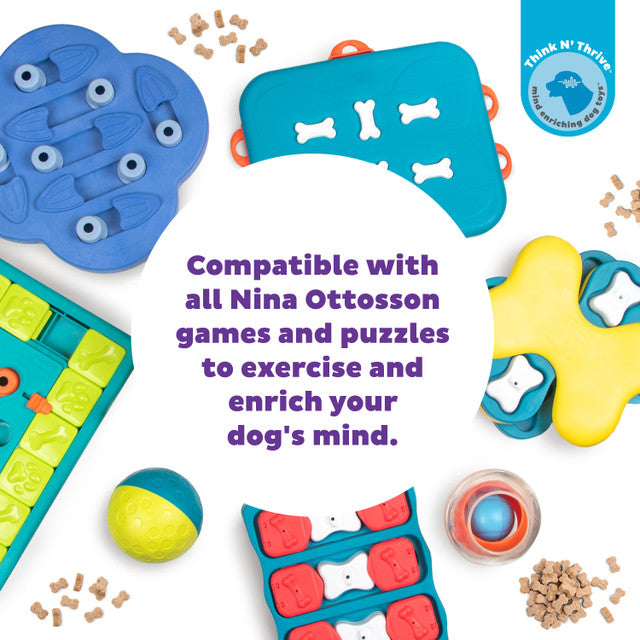 Puzzle Bitez treats compatible with Nina Ottosson dog puzzles for mental enrichment, with various colorful puzzle toys shown.