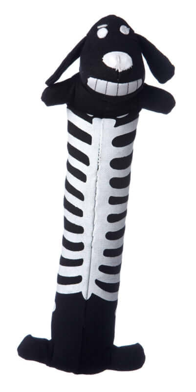 Black and white plush toy resembling a skeleton with a smiling face on a white background