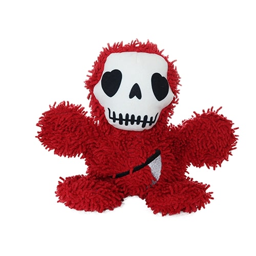 A red plush toy shaped like a skeleton with black heart-shaped eyes and a stitched mouth, made from microfiber material.