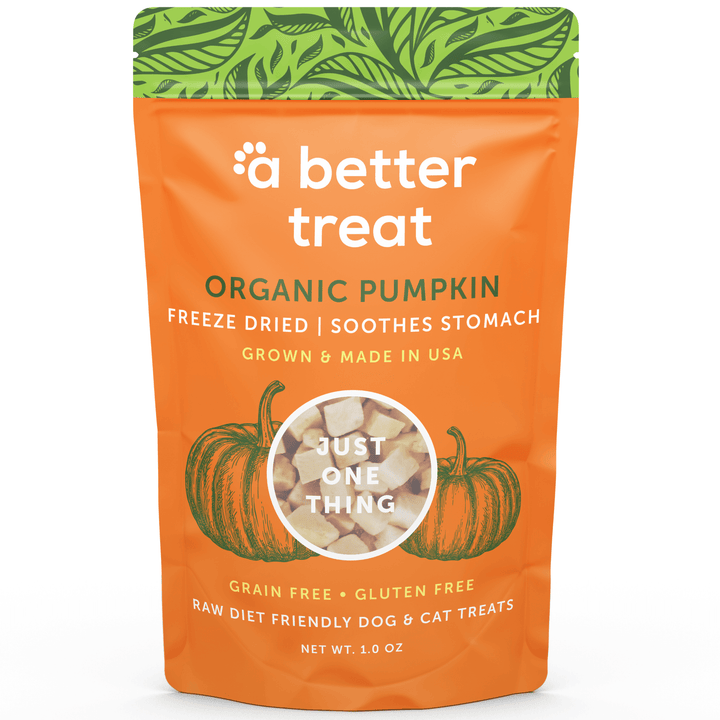 Orange package of 'a better treat' organic pumpkin freeze-dried dog and cat treats with green leaf design on top.