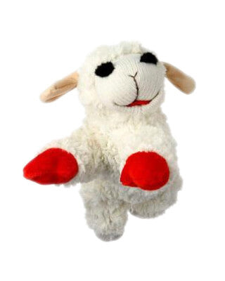 Lamb Chop plush dog toy with white fur, red paws, and black eyes, featuring a cute and soft design, perfect for dogs of all sizes.