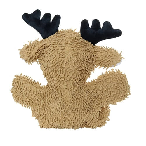 A rear view of the reindeer plush toy, showcasing its brown shaggy microfiber texture and black antlers.