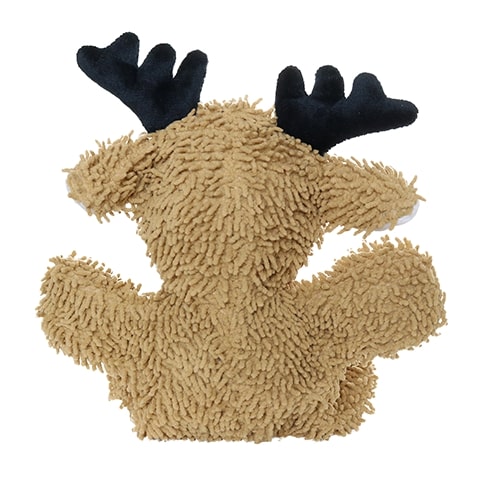 A rear view of the reindeer plush toy, showcasing its brown shaggy microfiber texture and black antlers.