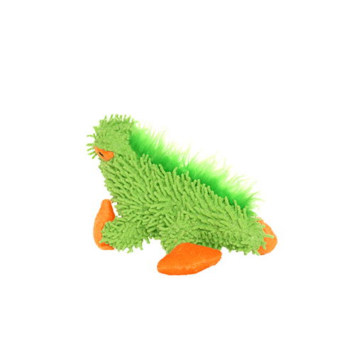 A green plush lizard dog toy standing upright, showing its orange feet and soft microfiber exterior, with a bright green fringe along its back.