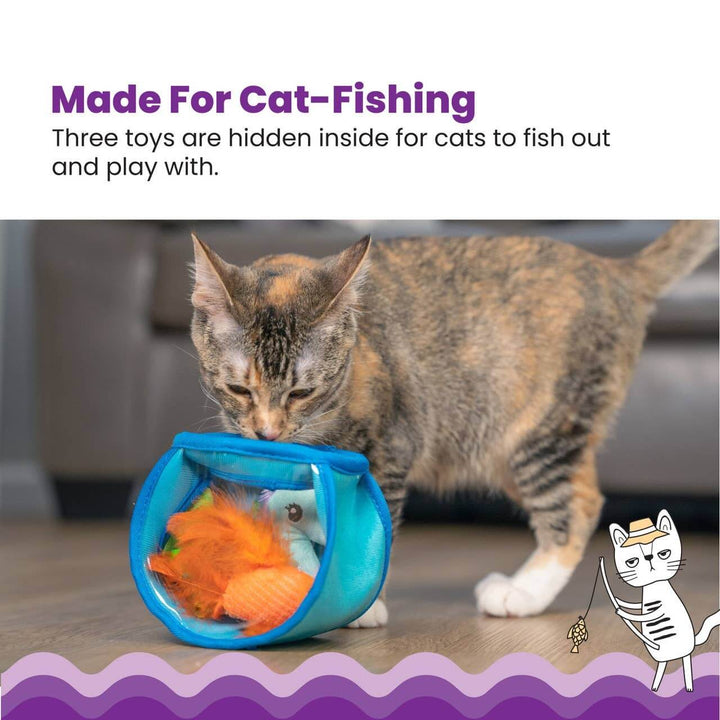 Cat playing with a blue toy container filled with orange feathers, with text about hidden toys for cats.