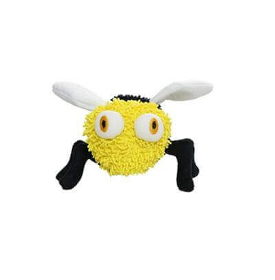 MIGHTY® Dog Toy "Microfiber Ball Bee" with a fuzzy yellow head, large white eyes with orange pupils, black legs, and white wings. Soft and durable.