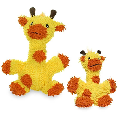 Mighty® Micro Ball Giraffe Dog Toy: Two plush giraffe-shaped toys with fuzzy yellow bodies, orange spots, brown ossicones, and black embroidered eyes. Soft and playful.