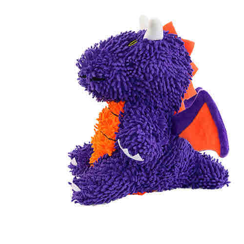 Side view of a purple plush dragon-shaped dog toy with a textured body, orange belly and spine, white horns, and wings, designed for interactive play.