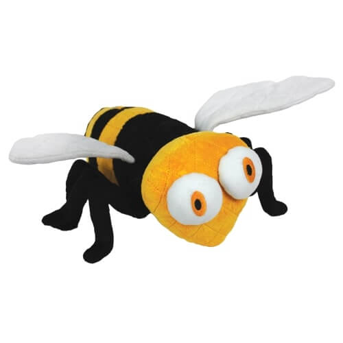 The image shows a plush dog toy designed to resemble a bee. The toy features a yellow and black striped body with a large, round yellow head. The head has two big, white, bulging eyes with orange pupils, giving it a playful and animated appearance. The toy also has four black legs and two white wings attached to the body. The soft texture and bright colors make it an appealing and interactive toy for dogs.