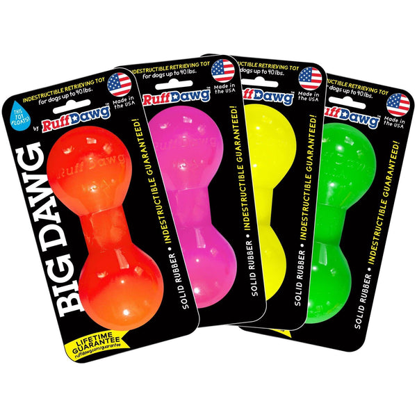 Four packages of Ruff Dawg dog toys in different colors on a white background