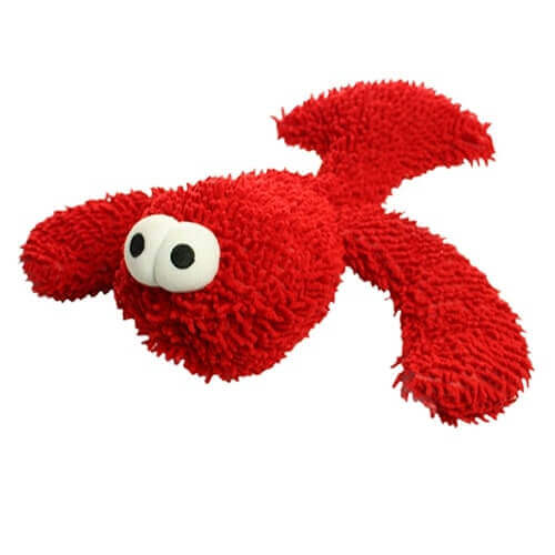 A red plush dog toy with large white and black eyes, featuring a textured, shaggy surface and designed for interactive play.