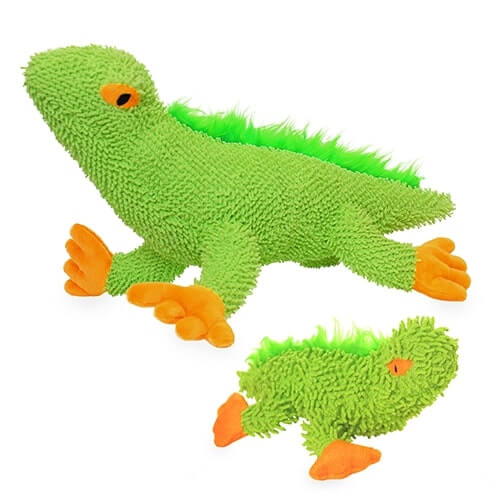 A pair of green plush lizard dog toys with orange feet, featuring a fuzzy green microfiber body and a bright green fringe on the back, displayed in two different sizes.