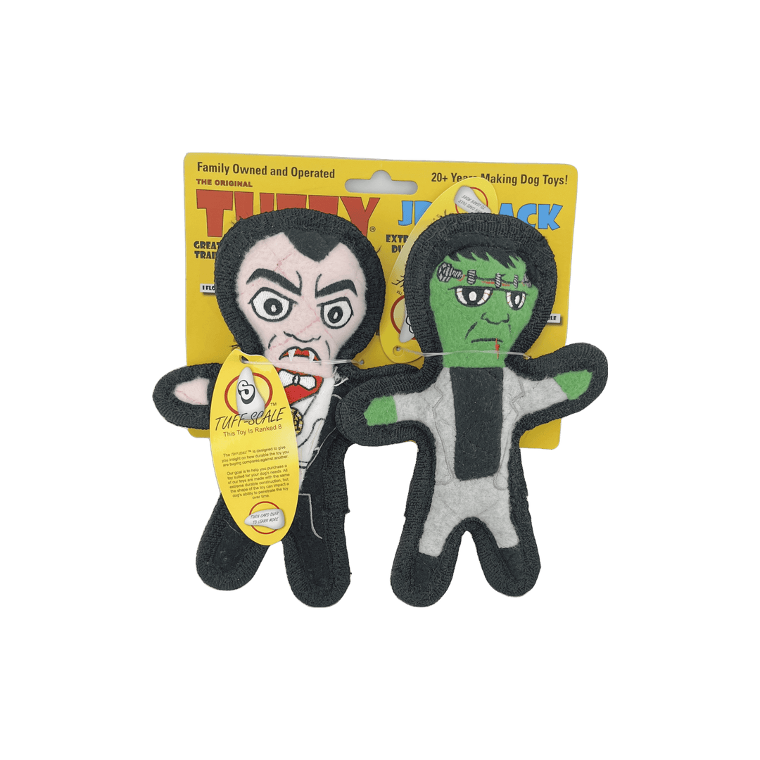 Two Tuffy dog toys featuring Dracula and Frankenstein characters, packaged together with a "Tuff Scale" durability ranking of 8.