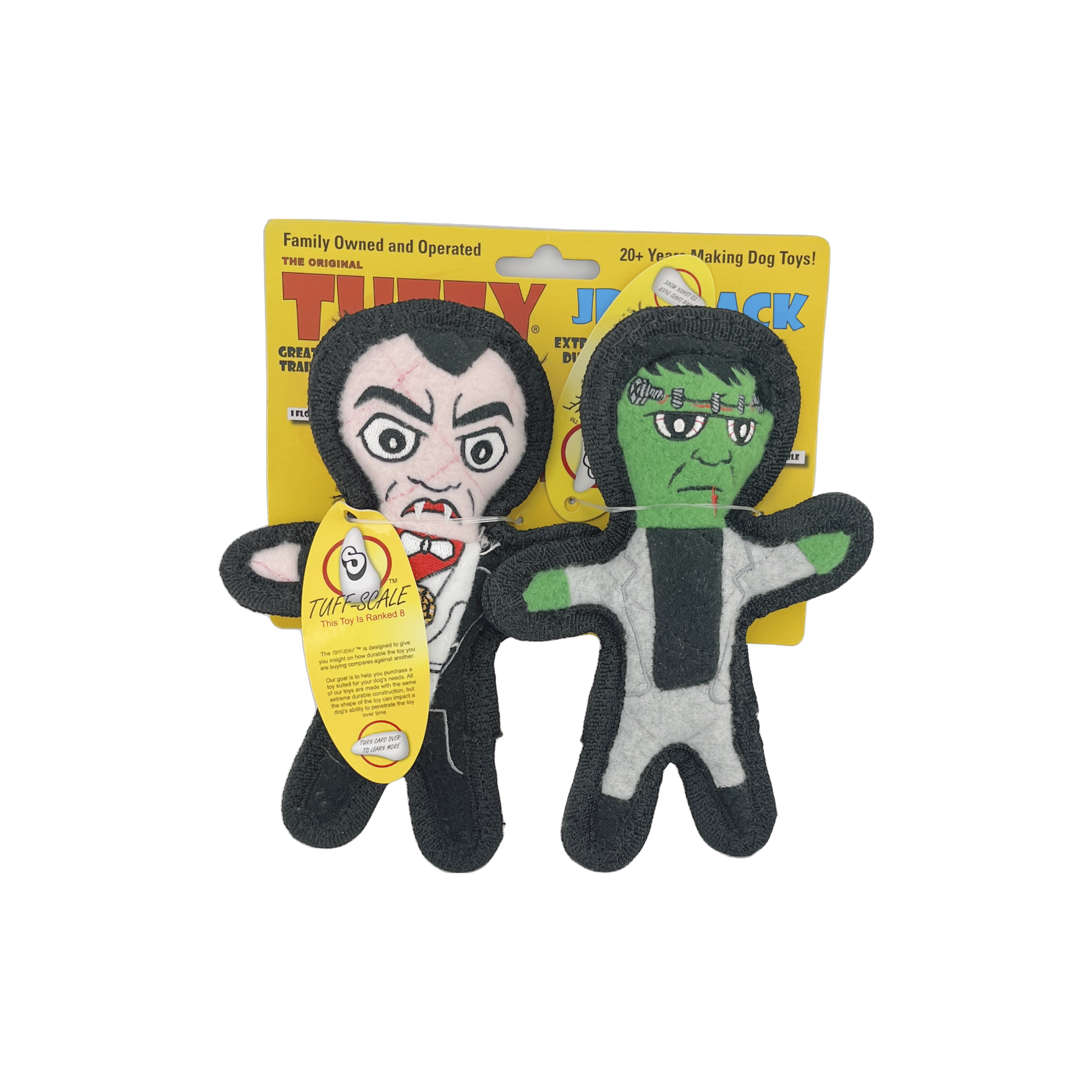 Two Tuffy dog toys featuring Dracula and Frankenstein characters, packaged together with a "Tuff Scale" durability ranking of 8.