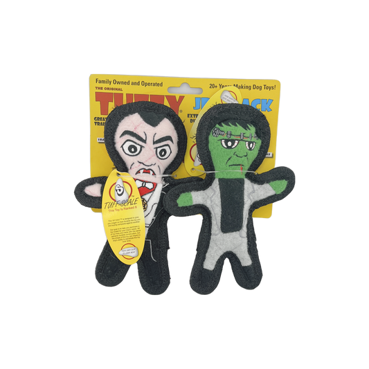 Two Tuffy dog toys featuring Dracula and Frankenstein characters, packaged together with a "Tuff Scale" durability ranking of 8.