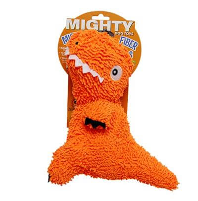 The orange dinosaur plush dog toy in its original packaging labeled "Mighty Microfiber Balls," showcasing its textured body and cartoonish expression.