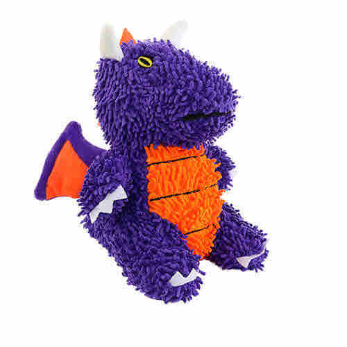 Purple multiple ball dog toys covering a dragon-shaped dog toy with a textured body, orange belly and wings, white horns, and embroidered eyes, ideal for interactive play.