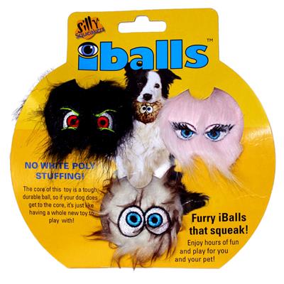 Packaging of iBalls dog toys with four furry, colorful characters displayed and the tagline "No white poly stuffing."