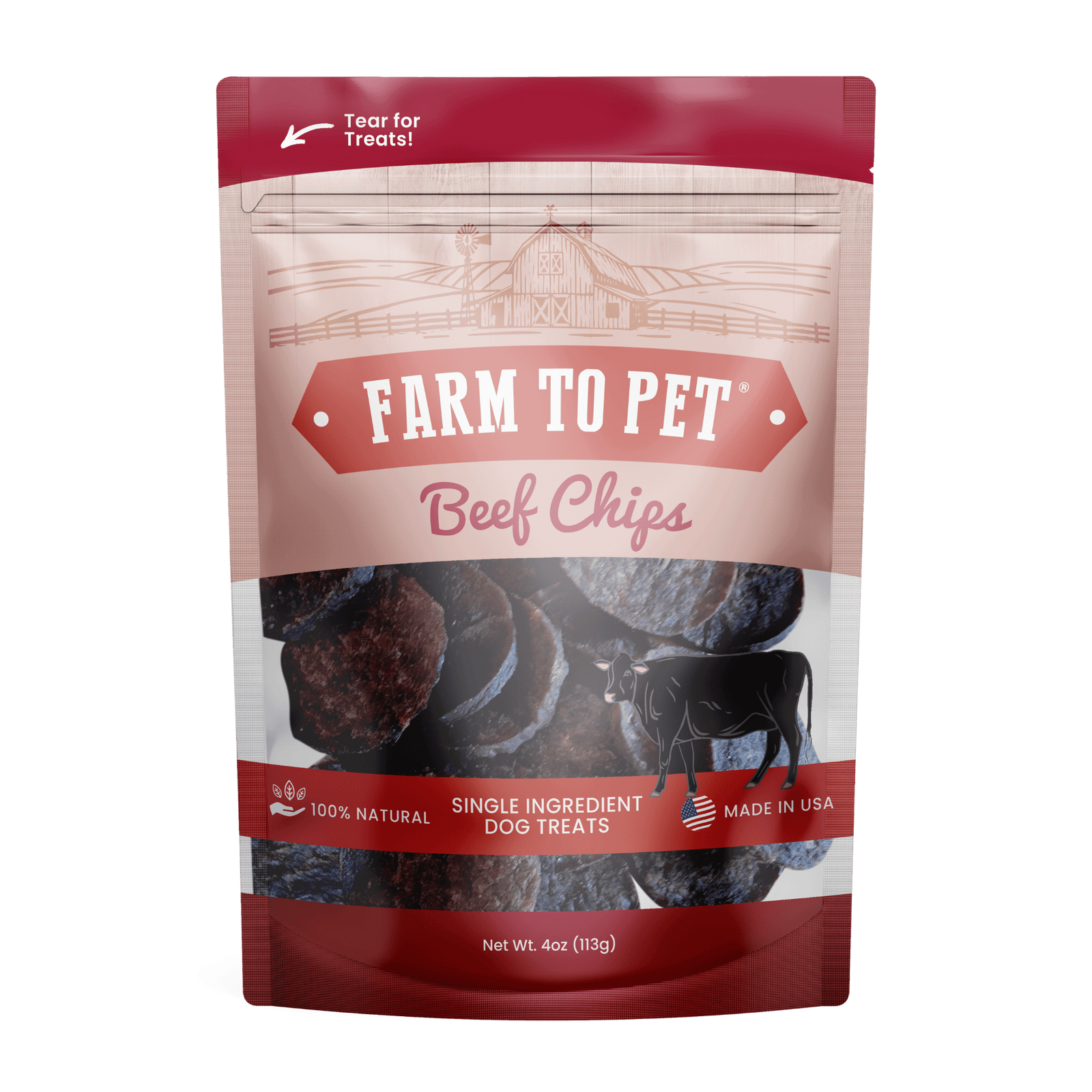 A package of Farm to Pet Beef Chips for dogs and cats, stating that they are made of 100% natural ingredients and are single-ingredient dog treats.