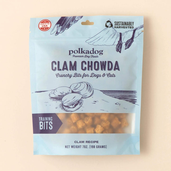 Polkadog Clam Chowda Bits: Bag of crunchy training treats for dogs and cats, made from a clam recipe, sustainably harvested, and made in the USA.