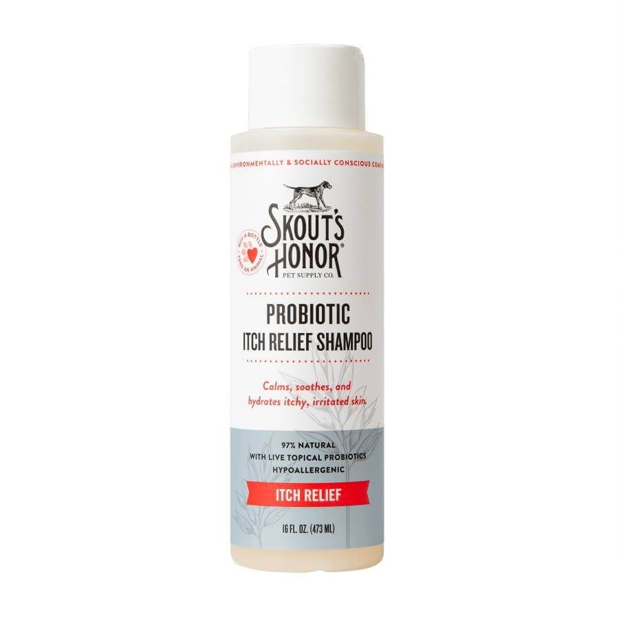 A bottle of Skout's Honor Probiotic Itch Relief Shampoo for pets, with a white label that includes the product name and branding.