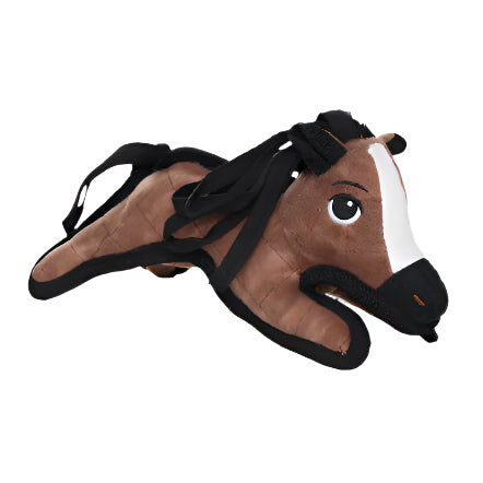 Front view of the plush pony dog toy from Tuffy, featuring a white stripe on its face and soft brown body.