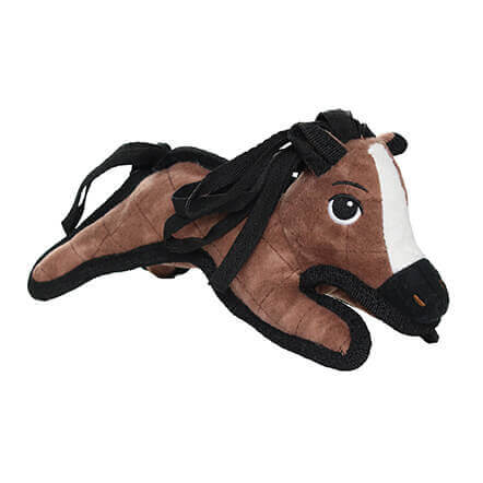 Front view of the plush pony dog toy from Tuffy, featuring a white stripe on its face and soft brown body.