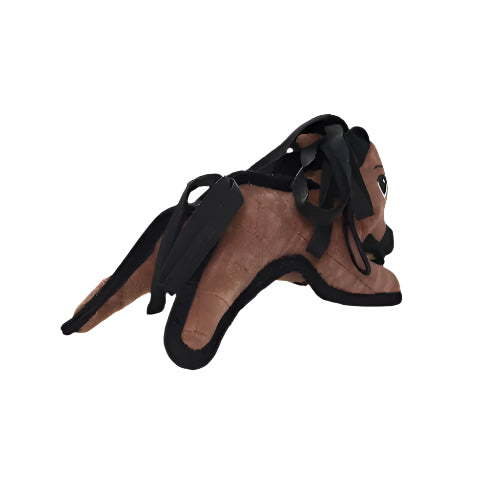 Side view of a plush pony dog toy from Tuffy, showing its brown body and black mane, lying flat.