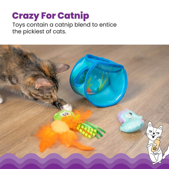 Cat playing with catnip toys on a wooden floor, with text about catnip blend.