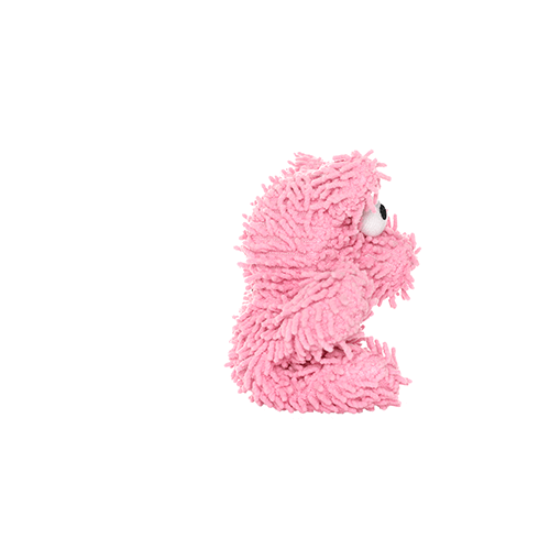 Side view of a small pink plush dog toy with a shaggy texture and large googly eyes