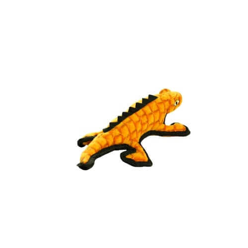 Side view of a plush Gila monster dog toy from Tuffy, featuring an orange body with black accents along its back and legs.