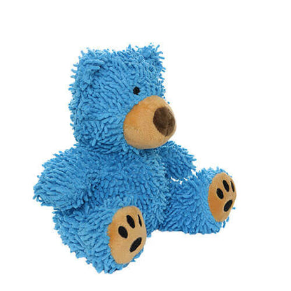 Mighty® Micro Ball Bear Dog Toy: Side view of a plush bear-shaped toy with a fuzzy blue body, brown nose, black embroidered eyes, and tan paw pads with black paw prints. Soft and playful.