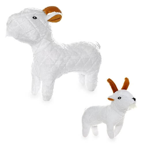 Two plush goat-shaped dog toys, one larger and one smaller, with white bodies, brown horns, and embroidered eyes. Designed for durable play.