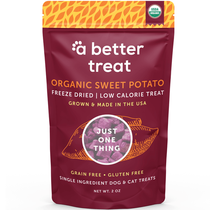 Bag of 'a better treat' organic sweet potato freeze-dried dog and cat treats on a white background