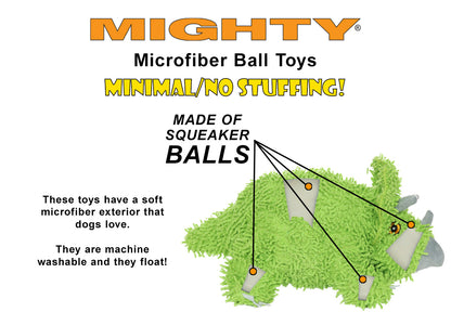 MIGHTY Microfiber Ball Toy with squeaker balls, minimal stuffing, soft microfiber exterior, machine washable, and floats in water.