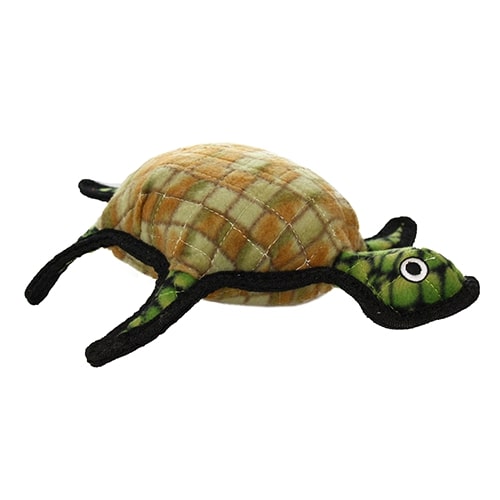 Tuffy turtle-shaped dog toy featuring a soft shell design with green and brown tones, durable stitching, and black edging.