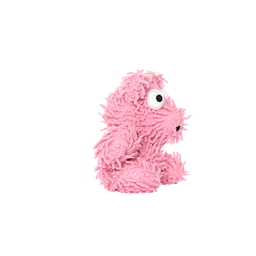 Side view of a small pink plush dog toy with a shaggy texture and large googly eyes, showing its face.