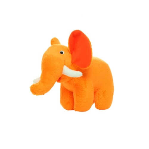 A small plush elephant-shaped dog toy with an orange body, white tusks, and embroidered eyes. Designed for durable play.