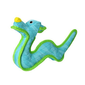 A light blue, snake-like dragon-shaped dog toy with bright green edging and yellow accents on the snout. The toy has embroidered eyes and a textured surface, designed for durability and interactive play.