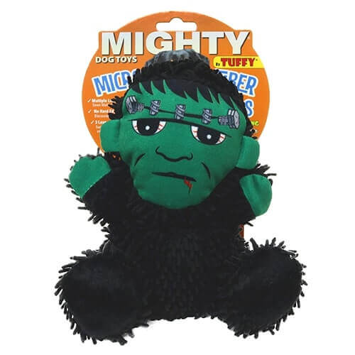 Frankenstein-themed plush dog toy in its packaging, part of the MIGHTY Microfiber series, featuring a green face and black body.