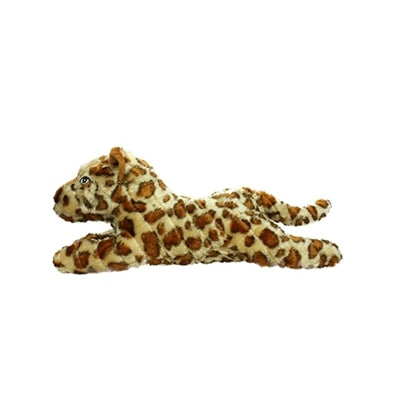 Side view of a plush leopard toy with light-colored fur and dark spots, stretched out in a resting pose.