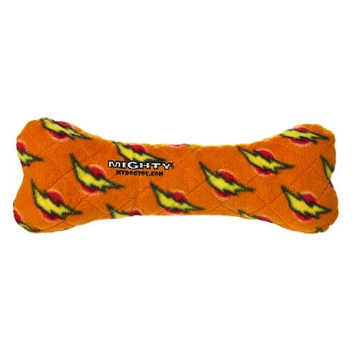 Orange Mighty® Bone dog toy with flame pattern, durable and soft, machine washable, floats, no stuffing, features a tough core and safe squeaker pockets.