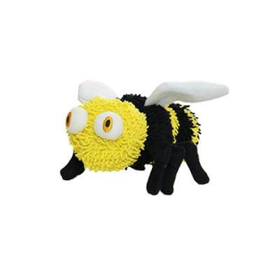 Plush dog toy shaped like a bee with a fuzzy yellow and black striped body, large white eyes with orange pupils, black legs, and white wings.