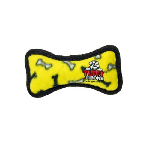 Yellow bone-shaped Tuffy dog toy with black bone designs and a tough yet soft construction.